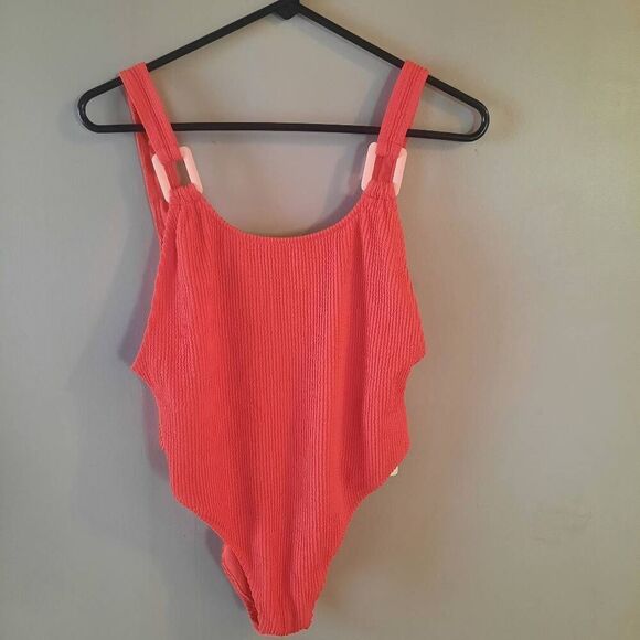 Aerie Red & Pale Pink Ribbed One Piece Swim Suit New With Tags Size Large - Picture 1 of 5